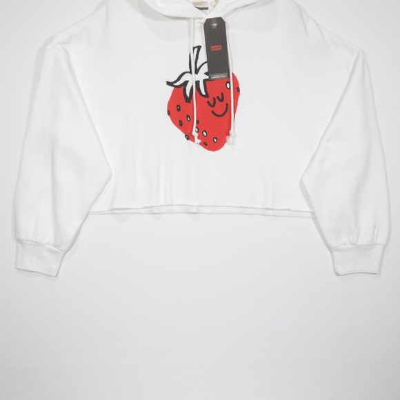 Levi's Women's Raw edge Hem Graphic Cropped Fleece Pullover Hoodie White Size M - Picture 3 of 9